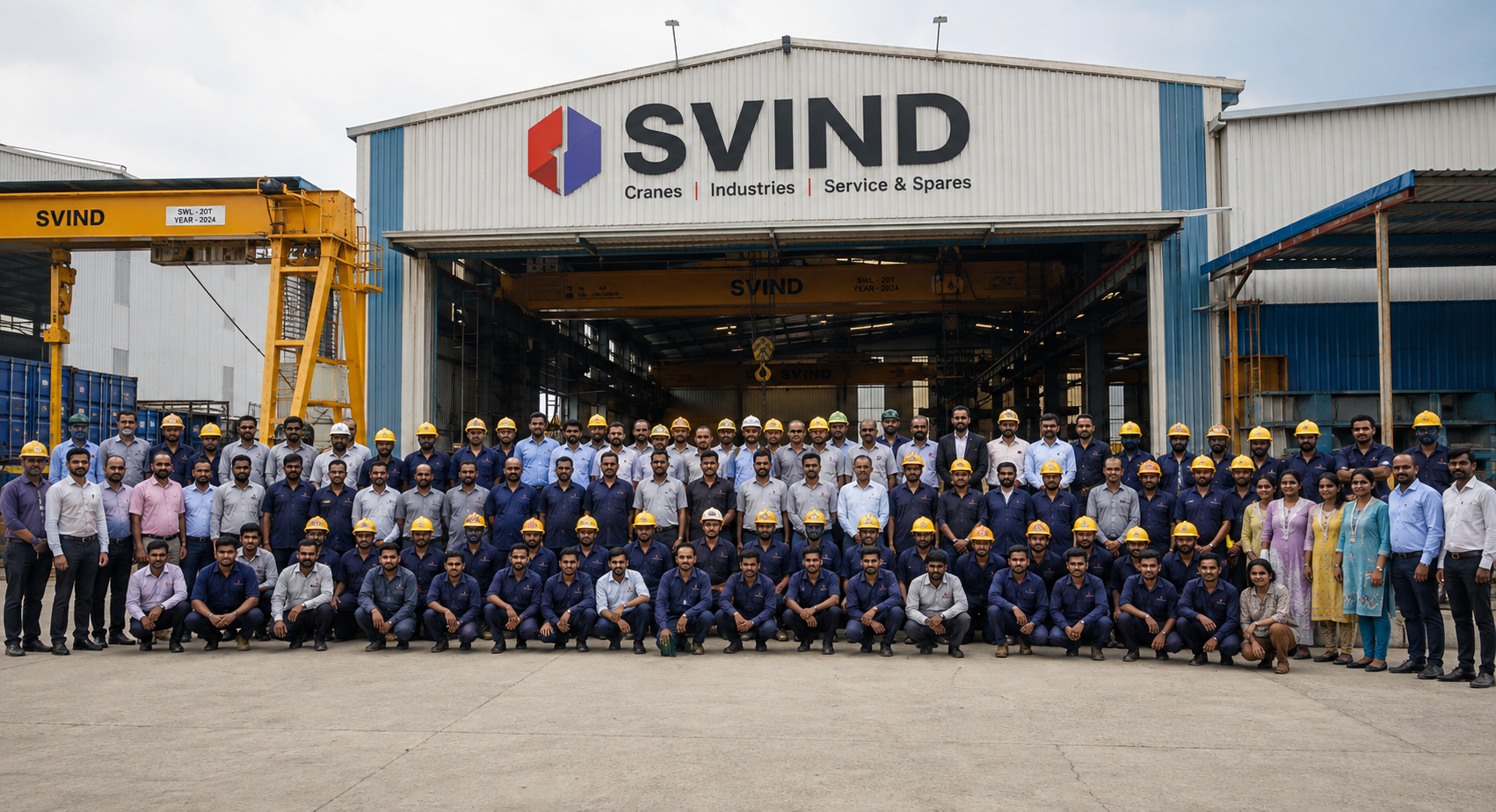 The SVIND team, more than a hundred engineers, fabricators and staff, assembled outside the Harohalli works beneath a 20 T gantry crane